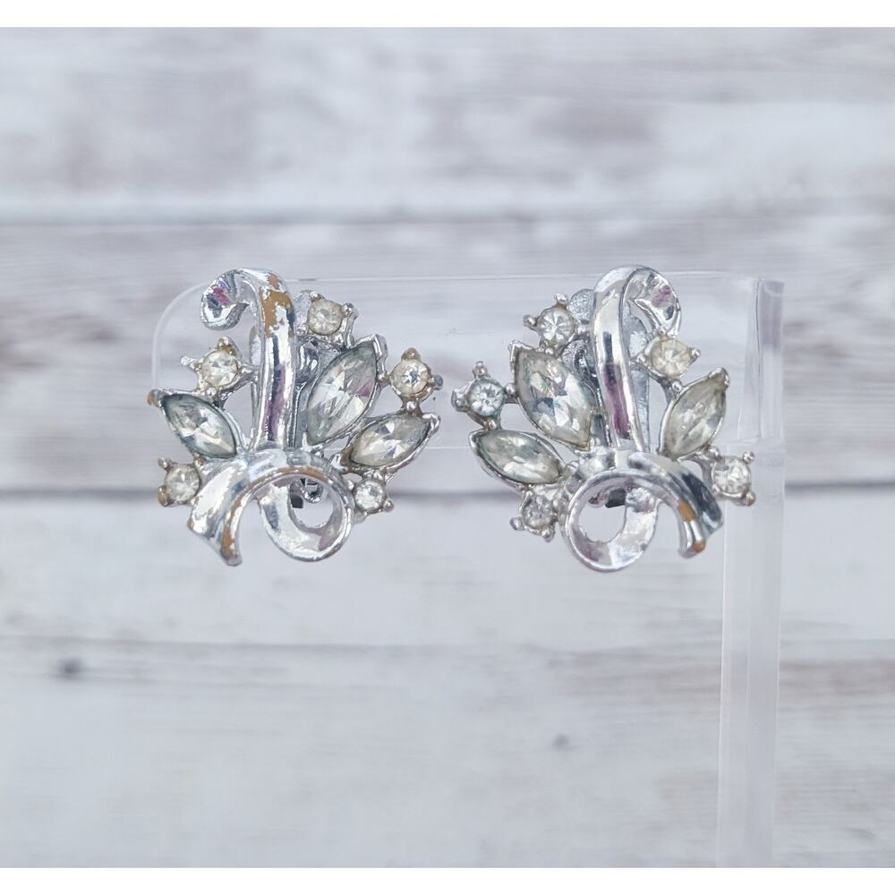 Vintage Clip On Earrings Silver Tone, Clear Gem - Silver Tone Chipping